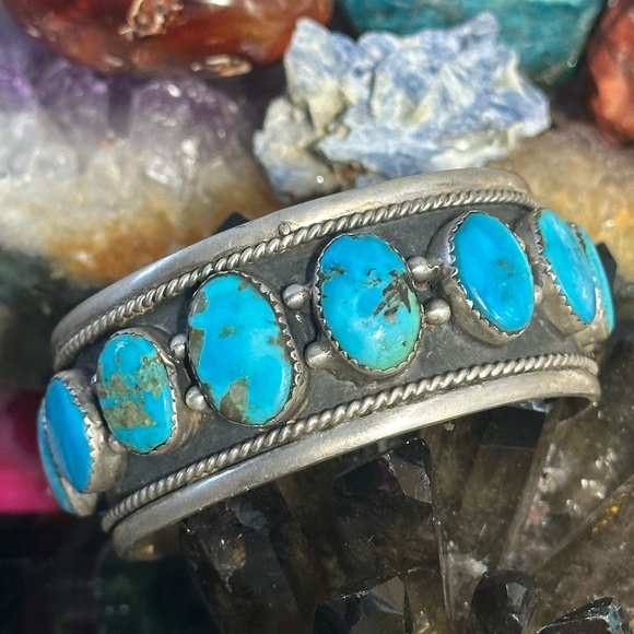 Turquoise  unisex men's sterling silver southwestern cuff - Picture 11 of 14